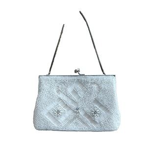 Vintage 1970’s Handbag Clutch White Beaded Chain Small.
